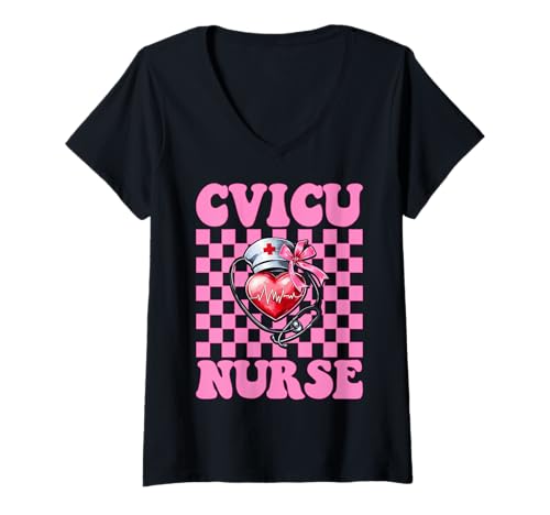 Damen CVICU Krankenschwester Herzkrankenschwester VICU ICU CICU Kardiologie Mädchen Mama T-Shirt mit V-Ausschnitt Damen CVICU Krankenschwester Herzkrankenschwester VICU ICU CICU Kardiologie Mädchen Mama T-Shirt mit V-Ausschnitt von Womens Coquette Bow Cardiac Nurse Cardiology Gifts