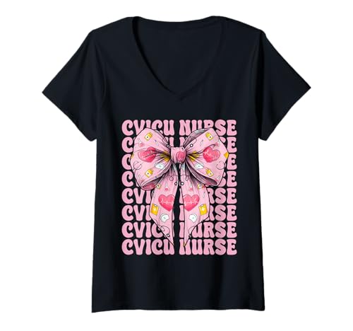 Damen CVICU Krankenschwester Herzkrankenschwester VICU ICU CICU Kardiologie Mädchen Mama T-Shirt mit V-Ausschnitt Damen CVICU Krankenschwester Herzkrankenschwester VICU ICU CICU Kardiologie Mädchen Mama T-Shirt mit V-Ausschnitt von Womens Coquette Bow Cardiac Nurse Cardiology Gifts