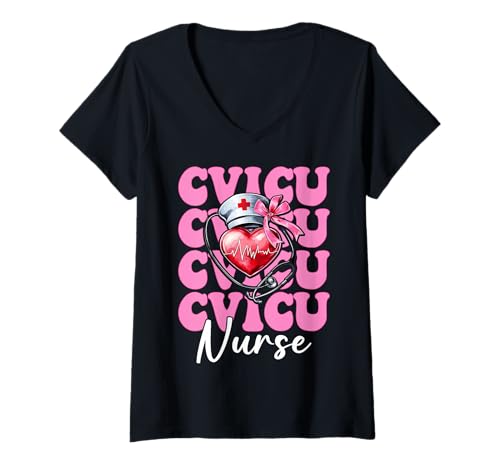 Damen CVICU Krankenschwester Herzkrankenschwester VICU ICU CICU Kardiologie Mädchen Mama T-Shirt mit V-Ausschnitt Damen CVICU Krankenschwester Herzkrankenschwester VICU ICU CICU Kardiologie Mädchen Mama T-Shirt mit V-Ausschnitt von Womens Coquette Bow Cardiac Nurse Cardiology Gifts