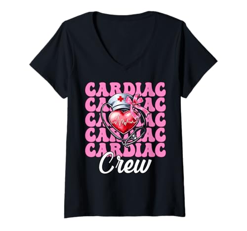 Damen Cardiac Crew Cardiac Nurse VICU ICU CICU Kardiologie Mädchen Mama T-Shirt mit V-Ausschnitt von Womens Coquette Bow Cardiac Nurse Cardiology Gifts