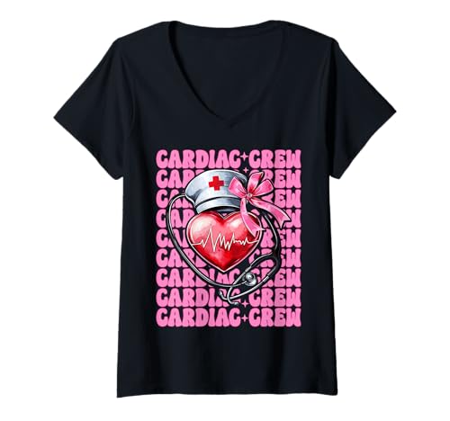 Damen Cardiac Crew Cardiac Nurse VICU ICU CICU Kardiologie Mädchen Mama T-Shirt mit V-Ausschnitt von Womens Coquette Bow Cardiac Nurse Cardiology Gifts