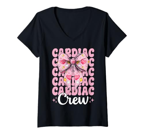 Damen Cardiac Crew Cardiac Nurse VICU ICU CICU Kardiologie Mädchen Mama T-Shirt mit V-Ausschnitt von Womens Coquette Bow Cardiac Nurse Cardiology Gifts