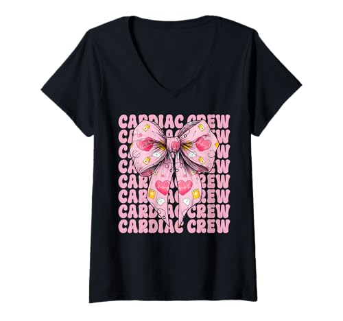 Damen Cardiac Crew Cardiac Nurse VICU ICU CICU Kardiologie Mädchen Mama T-Shirt mit V-Ausschnitt von Womens Coquette Bow Cardiac Nurse Cardiology Gifts