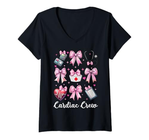 Damen Cardiac Crew Cardiac Nurse VICU ICU CICU Kardiologie Mädchen Mama T-Shirt mit V-Ausschnitt von Womens Coquette Bow Cardiac Nurse Cardiology Gifts