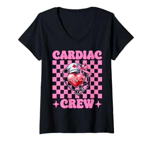 Damen Cardiac Crew Cardiac Nurse VICU ICU CICU Kardiologie Mädchen Mama T-Shirt mit V-Ausschnitt Damen Cardiac Crew Cardiac Nurse VICU ICU CICU Kardiologie Mädchen Mama T-Shirt mit V-Ausschnitt von Womens Coquette Bow Cardiac Nurse Cardiology Gifts