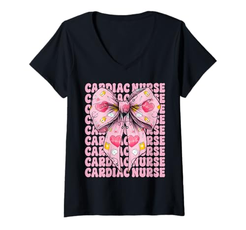 Damen Cardiac Nurse VICU ICU CICU Kardiologie Mädchen Mama Kokette Bogen T-Shirt mit V-Ausschnitt Damen Cardiac Nurse VICU ICU CICU Kardiologie Mädchen Mama Kokette Bogen T-Shirt mit V-Ausschnitt von Womens Coquette Bow Cardiac Nurse Cardiology Gifts