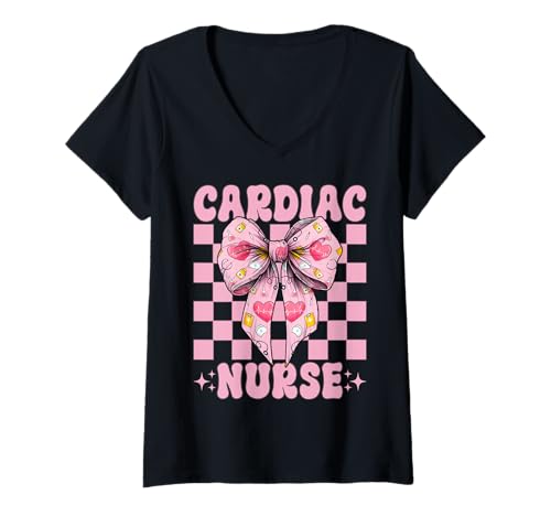 Damen Cardiac Nurse VICU ICU CICU Kardiologie Mädchen Mama Kokette Bogen T-Shirt mit V-Ausschnitt Damen Cardiac Nurse VICU ICU CICU Kardiologie Mädchen Mama Kokette Bogen T-Shirt mit V-Ausschnitt von Womens Coquette Bow Cardiac Nurse Cardiology Gifts