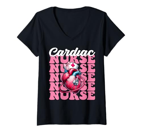 Damen Cardiac Nurse VICU ICU CICU Kardiologie Mädchen Mama Kokette Bogen T-Shirt mit V-Ausschnitt von Womens Coquette Bow Cardiac Nurse Cardiology Gifts