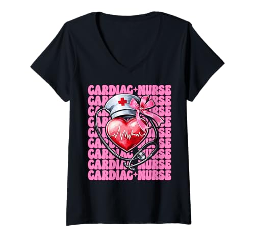 Damen Cardiac Nurse VICU ICU CICU Kardiologie Mädchen Mama Kokette Bogen T-Shirt mit V-Ausschnitt von Womens Coquette Bow Cardiac Nurse Cardiology Gifts