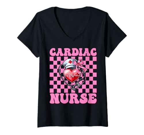 Damen Cardiac Nurse VICU ICU CICU Kardiologie Mädchen Mama Kokette Bogen T-Shirt mit V-Ausschnitt von Womens Coquette Bow Cardiac Nurse Cardiology Gifts