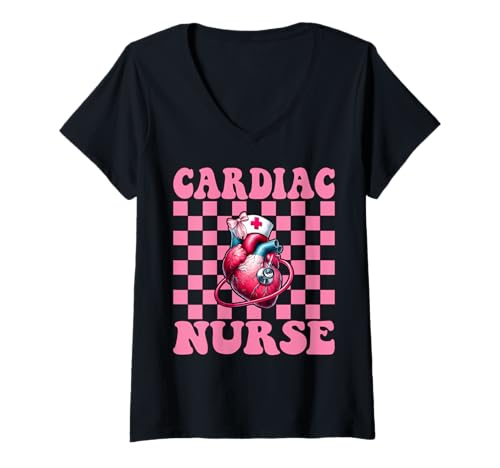 Damen Cardiac Nurse VICU ICU CICU Kardiologie Mädchen Mama Kokette Bogen T-Shirt mit V-Ausschnitt von Womens Coquette Bow Cardiac Nurse Cardiology Gifts