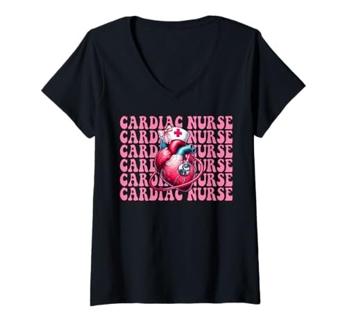Damen Cardiac Nurse VICU ICU CICU Kardiologie Mädchen Mama Kokette Bogen T-Shirt mit V-Ausschnitt von Womens Coquette Bow Cardiac Nurse Cardiology Gifts