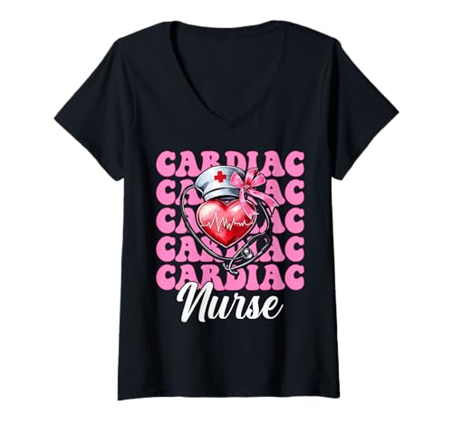Damen Cardiac Nurse VICU ICU CICU Kardiologie Mädchen Mama Kokette Bogen T-Shirt mit V-Ausschnitt von Womens Coquette Bow Cardiac Nurse Cardiology Gifts