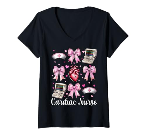 Damen Cardiac Nurse VICU ICU CICU Kardiologie Mädchen Mama Kokette Bogen T-Shirt mit V-Ausschnitt Damen Cardiac Nurse VICU ICU CICU Kardiologie Mädchen Mama Kokette Bogen T-Shirt mit V-Ausschnitt von Womens Coquette Bow Cardiac Nurse Cardiology Gifts
