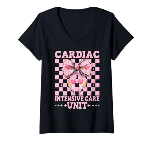Damen Herz-Intensivstation Herzkrankenschwester VICU ICU CICU Girl T-Shirt mit V-Ausschnitt von Womens Coquette Bow Cardiac Nurse Cardiology Gifts