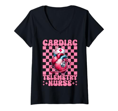 Damen Herz-Telemetrie Krankenschwester Herzkrankenschwester VICU ICU CICU Mädchen Mama T-Shirt mit V-Ausschnitt von Womens Coquette Bow Cardiac Nurse Cardiology Gifts