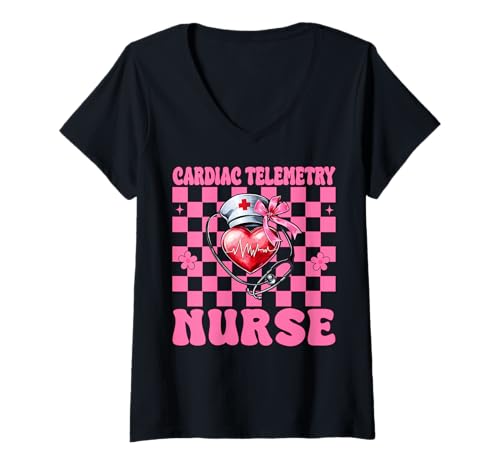 Damen Herz-Telemetrie Krankenschwester Herzkrankenschwester VICU ICU CICU Mädchen Mama T-Shirt mit V-Ausschnitt Damen Herz-Telemetrie Krankenschwester Herzkrankenschwester VICU ICU CICU Mädchen Mama T-Shirt mit V-Ausschnitt von Womens Coquette Bow Cardiac Nurse Cardiology Gifts