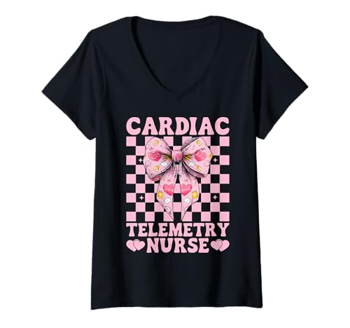 Damen Herz-Telemetrie Krankenschwester Herzkrankenschwester VICU ICU CICU Mädchen Mama T-Shirt mit V-Ausschnitt von Womens Coquette Bow Cardiac Nurse Cardiology Gifts