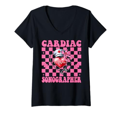 Damen Herzsonograph Herzkrankenschwester VICU ICU CICU Kardiologie T-Shirt mit V-Ausschnitt von Womens Coquette Bow Cardiac Nurse Cardiology Gifts