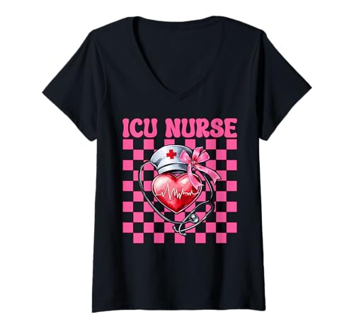 Damen ICU Krankenschwester Herzkrankenschwester VICU CICU Kardiologie Mädchen Mama T-Shirt mit V-Ausschnitt von Womens Coquette Bow Cardiac Nurse Cardiology Gifts