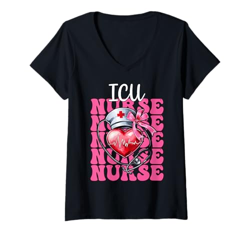 Damen ICU Krankenschwester Herzkrankenschwester VICU CICU Kardiologie Mädchen Mama T-Shirt mit V-Ausschnitt von Womens Coquette Bow Cardiac Nurse Cardiology Gifts