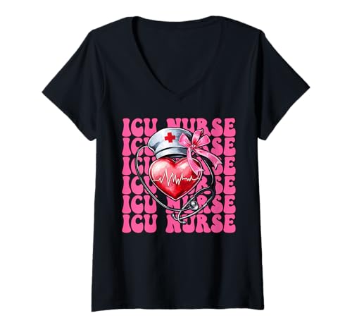 Damen ICU Krankenschwester Herzkrankenschwester VICU CICU Kardiologie Mädchen Mama T-Shirt mit V-Ausschnitt Damen ICU Krankenschwester Herzkrankenschwester VICU CICU Kardiologie Mädchen Mama T-Shirt mit V-Ausschnitt von Womens Coquette Bow Cardiac Nurse Cardiology Gifts