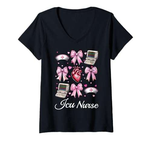 Damen ICU Krankenschwester Herzkrankenschwester VICU CICU Kardiologie Mädchen Mama T-Shirt mit V-Ausschnitt von Womens Coquette Bow Cardiac Nurse Cardiology Gifts