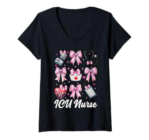 Damen ICU Krankenschwester Herzkrankenschwester VICU CICU Kardiologie Mädchen Mama T-Shirt mit V-Ausschnitt Damen ICU Krankenschwester Herzkrankenschwester VICU CICU Kardiologie Mädchen Mama T-Shirt mit V-Ausschnitt von Womens Coquette Bow Cardiac Nurse Cardiology Gifts