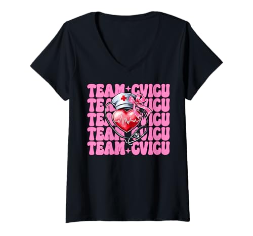 Damen Team CVICU Herzkrankenschwester VICU ICU CICU Kardiologie Mädchen Mama T-Shirt mit V-Ausschnitt von Womens Coquette Bow Cardiac Nurse Cardiology Gifts