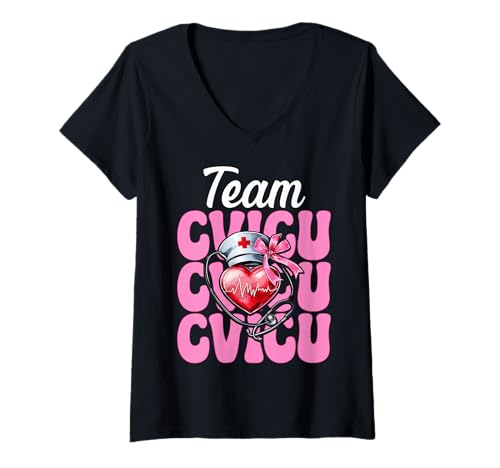 Damen Team CVICU Herzkrankenschwester VICU ICU CICU Kardiologie Mädchen Mama T-Shirt mit V-Ausschnitt Damen Team CVICU Herzkrankenschwester VICU ICU CICU Kardiologie Mädchen Mama T-Shirt mit V-Ausschnitt von Womens Coquette Bow Cardiac Nurse Cardiology Gifts