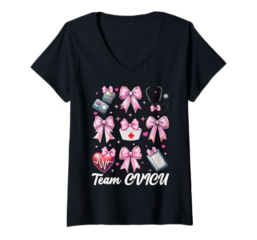 Damen Team CVICU Herzkrankenschwester VICU ICU CICU Kardiologie Mädchen Mama T-Shirt mit V-Ausschnitt Damen Team CVICU Herzkrankenschwester VICU ICU CICU Kardiologie Mädchen Mama T-Shirt mit V-Ausschnitt von Womens Coquette Bow Cardiac Nurse Cardiology Gifts