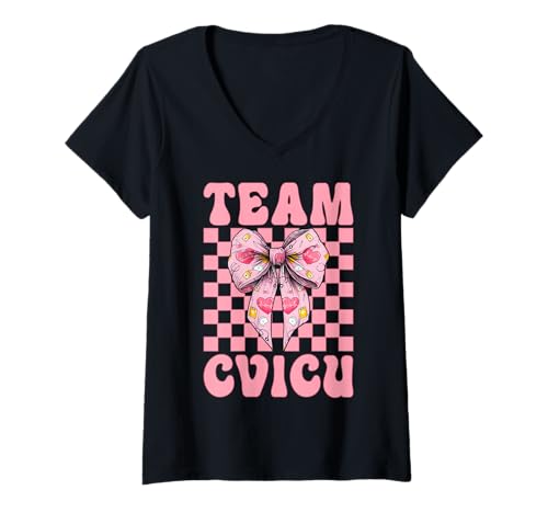 Damen Team CVICU Herzkrankenschwester VICU ICU CICU Kardiologie Mädchen Mama T-Shirt mit V-Ausschnitt Damen Team CVICU Herzkrankenschwester VICU ICU CICU Kardiologie Mädchen Mama T-Shirt mit V-Ausschnitt von Womens Coquette Bow Cardiac Nurse Cardiology Gifts