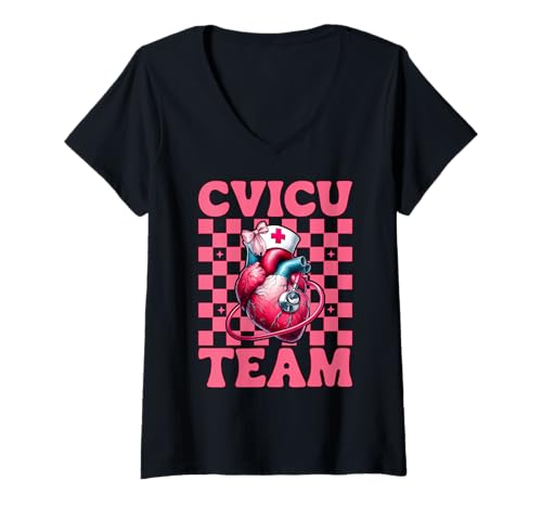 Damen Team CVICU Herzkrankenschwester VICU ICU CICU Kardiologie Mädchen Mama T-Shirt mit V-Ausschnitt Damen Team CVICU Herzkrankenschwester VICU ICU CICU Kardiologie Mädchen Mama T-Shirt mit V-Ausschnitt von Womens Coquette Bow Cardiac Nurse Cardiology Gifts