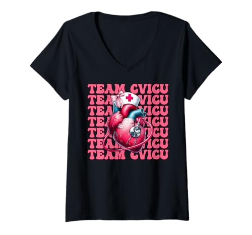 Damen Team CVICU Herzkrankenschwester VICU ICU CICU Kardiologie Mädchen Mama T-Shirt mit V-Ausschnitt von Womens Coquette Bow Cardiac Nurse Cardiology Gifts