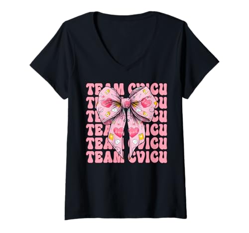 Damen Team CVICU Herzkrankenschwester VICU ICU CICU Kardiologie Mädchen Mama T-Shirt mit V-Ausschnitt von Womens Coquette Bow Cardiac Nurse Cardiology Gifts