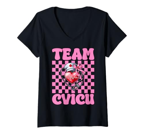 Damen Team CVICU Herzkrankenschwester VICU ICU CICU Kardiologie Mädchen Mama T-Shirt mit V-Ausschnitt von Womens Coquette Bow Cardiac Nurse Cardiology Gifts