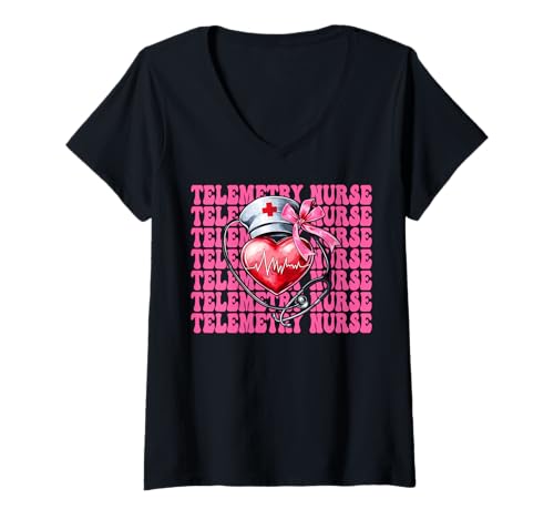 Damen Telemetrie Krankenschwester Herzkrankenschwester VICU ICU CICU Kardiologie Mädchen T-Shirt mit V-Ausschnitt Damen Telemetrie Krankenschwester Herzkrankenschwester VICU ICU CICU Kardiologie Mädchen T-Shirt mit V-Ausschnitt von Womens Coquette Bow Cardiac Nurse Cardiology Gifts