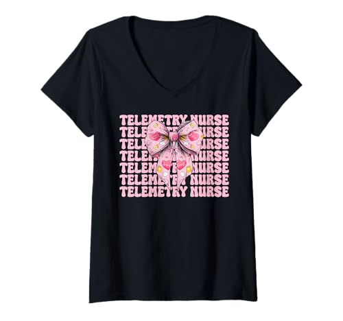 Damen Telemetrie Krankenschwester Herzkrankenschwester VICU ICU CICU Kardiologie Mädchen T-Shirt mit V-Ausschnitt Damen Telemetrie Krankenschwester Herzkrankenschwester VICU ICU CICU Kardiologie Mädchen T-Shirt mit V-Ausschnitt von Womens Coquette Bow Cardiac Nurse Cardiology Gifts