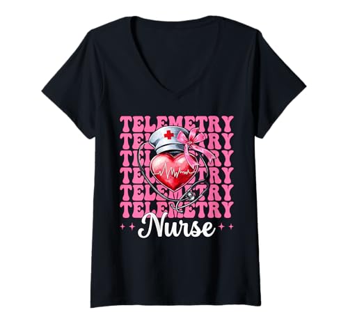 Damen Telemetrie Krankenschwester Herzkrankenschwester VICU ICU CICU Kardiologie Mädchen T-Shirt mit V-Ausschnitt von Womens Coquette Bow Cardiac Nurse Cardiology Gifts