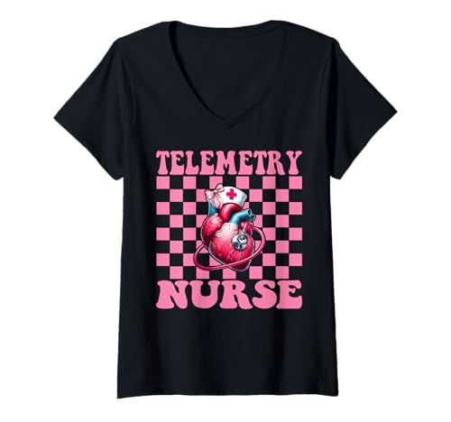 Damen Telemetrie Krankenschwester Herzkrankenschwester VICU ICU CICU Kardiologie Mädchen T-Shirt mit V-Ausschnitt von Womens Coquette Bow Cardiac Nurse Cardiology Gifts
