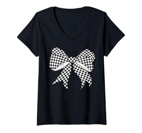 Damen Kariertes Schachbrett Schwarz Weiß Muster Mädchen Kokette Schleife T-Shirt mit V-Ausschnitt von Womens Coquette Bow Checkerboard Pattern Gifts
