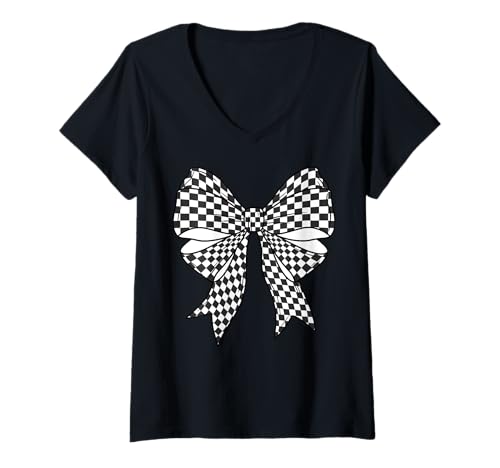 Damen Kariertes Schachbrett Schwarz Weiß Muster Mädchen Kokette Schleife T-Shirt mit V-Ausschnitt von Womens Coquette Bow Checkerboard Pattern Gifts