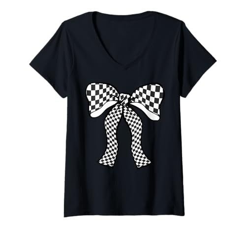 Damen Kariertes Schachbrett Schwarz Weiß Muster Mädchen Kokette Schleife T-Shirt mit V-Ausschnitt von Womens Coquette Bow Checkerboard Pattern Gifts