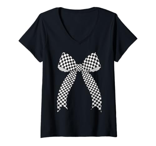 Damen Kariertes Schachbrett Schwarz Weiß Muster Mädchen Kokette Schleife T-Shirt mit V-Ausschnitt von Womens Coquette Bow Checkerboard Pattern Gifts