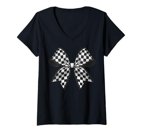 Damen Kariertes Schachbrett Schwarz Weiß Muster Mädchen Kokette Schleife T-Shirt mit V-Ausschnitt von Womens Coquette Bow Checkerboard Pattern Gifts
