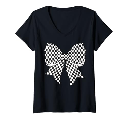 Damen Kariertes Schachbrett Schwarz Weiß Muster Mädchen Kokette Schleife T-Shirt mit V-Ausschnitt von Womens Coquette Bow Checkerboard Pattern Gifts