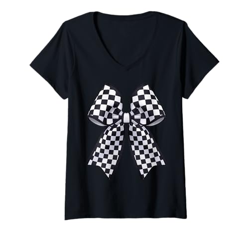 Damen Kariertes Schachbrett Schwarz Weiß Muster Mädchen Kokette Schleife T-Shirt mit V-Ausschnitt von Womens Coquette Bow Checkerboard Pattern Gifts