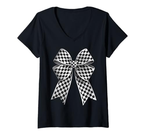 Damen Kariertes Schachbrett Schwarz Weiß Muster Mädchen Kokette Schleife T-Shirt mit V-Ausschnitt von Womens Coquette Bow Checkerboard Pattern Gifts