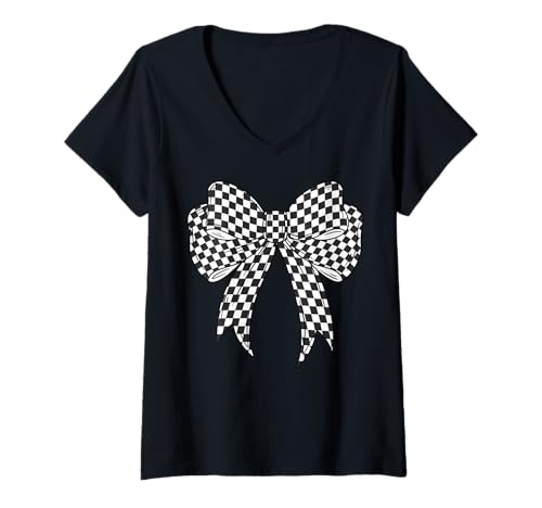 Damen Kariertes Schachbrett Schwarz Weiß Muster Mädchen Kokette Schleife T-Shirt mit V-Ausschnitt von Womens Coquette Bow Checkerboard Pattern Gifts
