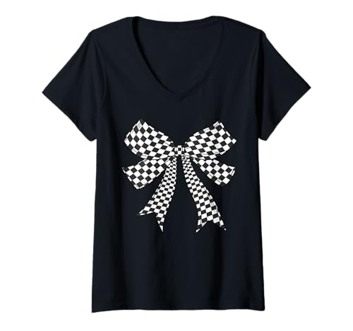 Damen Kariertes Schachbrett Schwarz Weiß Muster Mädchen Kokette Schleife T-Shirt mit V-Ausschnitt von Womens Coquette Bow Checkerboard Pattern Gifts